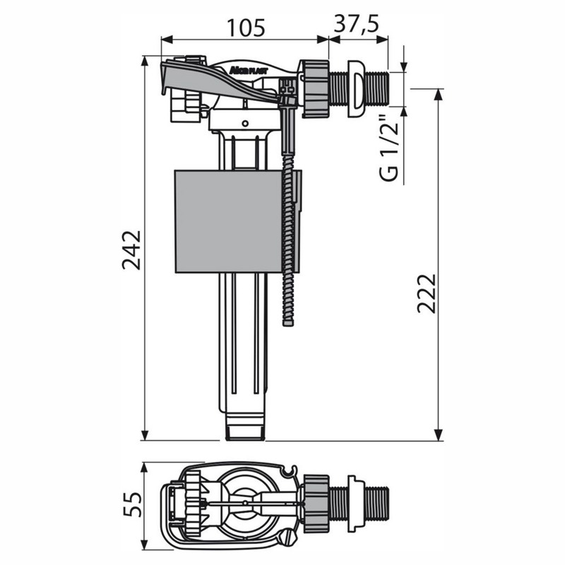 Впускной механизм с боковой подводкой и металлической резьбой для керамических бачков Alcadrain A160-1/2" фото-2