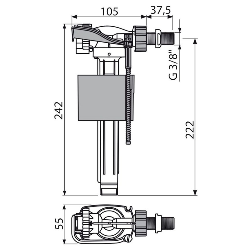 Впускной механизм с боковой подводкой и металлической резьбой для керамических бачков Alcadrain A160-3/8" фото-2