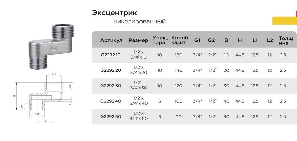 Эксцентрики Gappo G2292.50 (2шт.,никелир.,3/4"Ш*1/2"Ш-50мм) - фото2