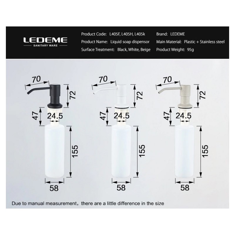 Дозатор для жидкого мыла врезной для мойки/умывальника Ledeme L405-1 (400 мл, верх-металл,цвет-сатин;колба-пластик) фото-3
