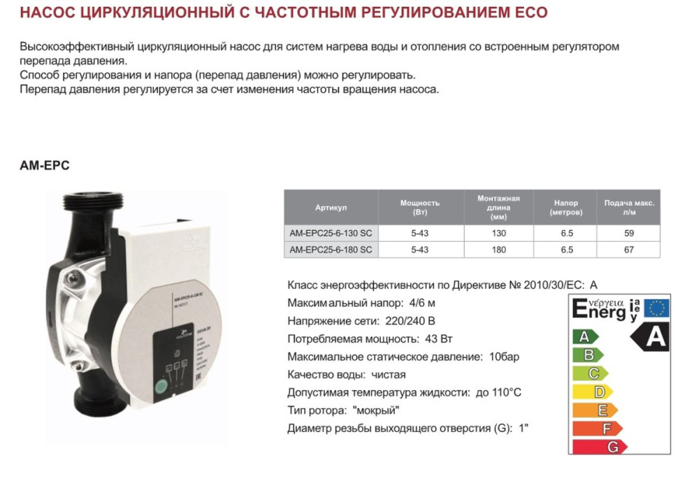 Насос циркуляционный с частотным регулированием ECO AQUATIM AM-EPC25-6-130 SC - фото2