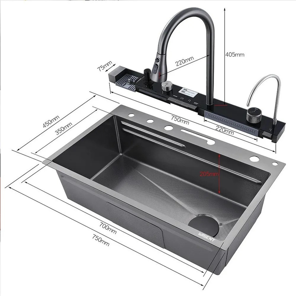 Мойка кухонная Wisent WG-BL7546D (11 в 1, декор сота, графит, подсветка, индикация температуры) фото-10