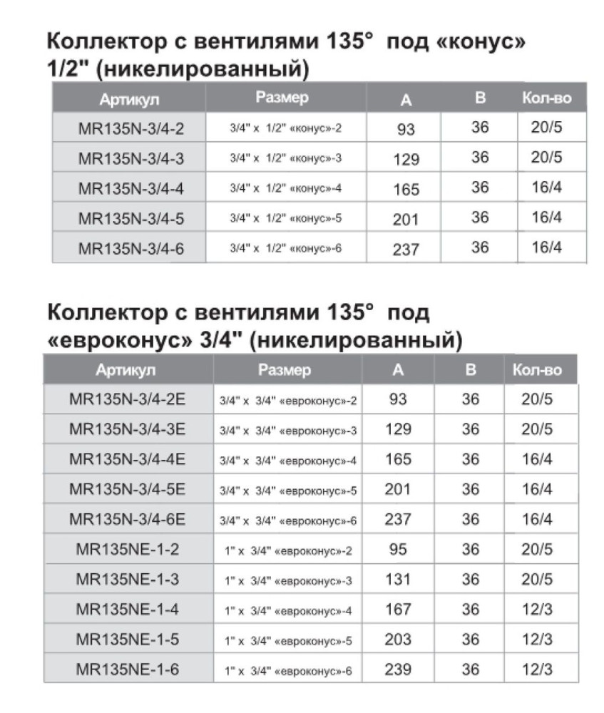 Коллектор с вентилями 135° под евроконус 3/4" никелированный ZEISSLER MR135NE-1-2 (2 выхода,1"x3/4") фото-5