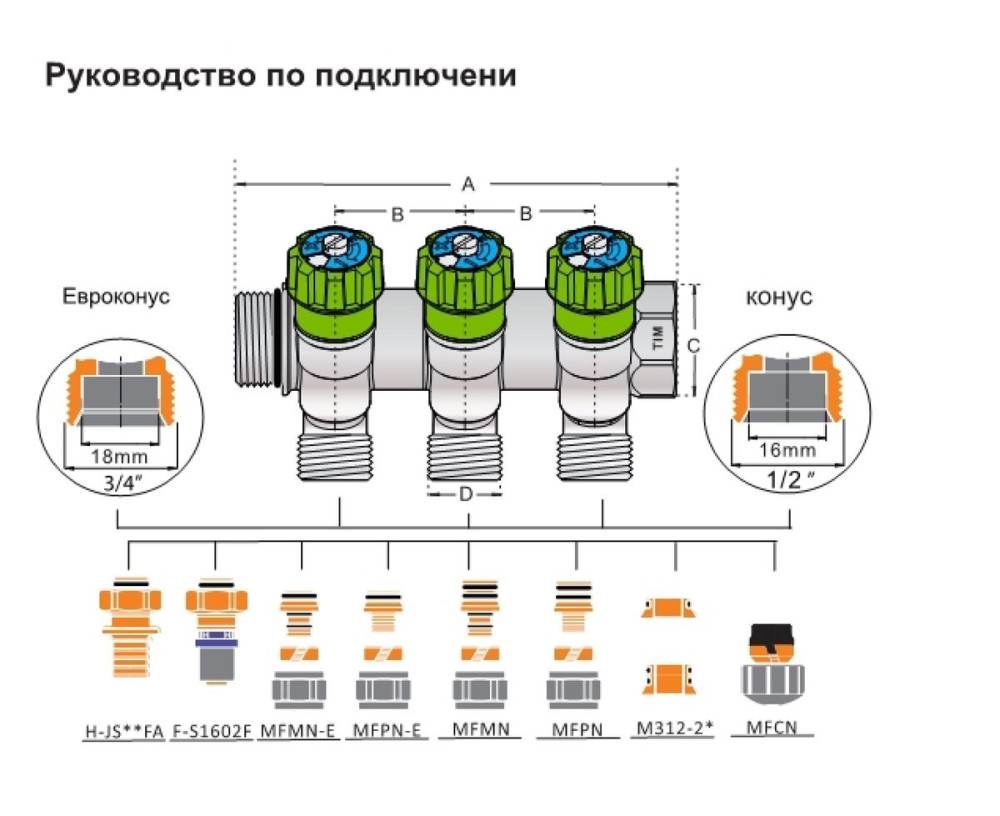 Коллектор с вентилями 135° под евроконус 3/4" никелированный ZEISSLER MR135NE-1-2 (2 выхода,1"x3/4") фото-4