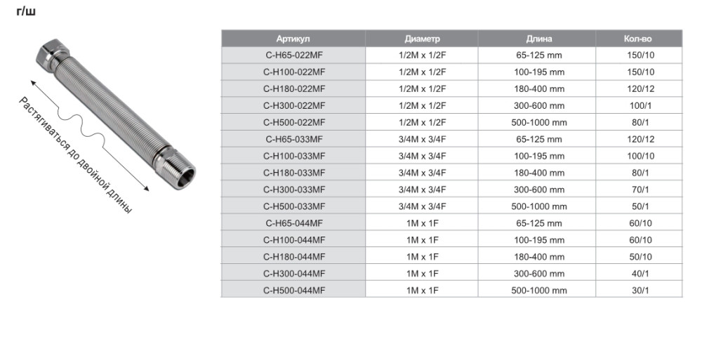 Гофрированная гибкая подводка TIM C-H100-022MF (1/2"M*1/2"F,100-195мм) фото-4
