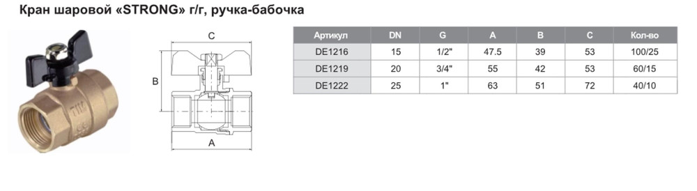 Кран шаровой латунный "Strong" 3/4" Г-Г бабочка TIM DE1219 - фото2 Кран шаровой латунный "Strong" 3/4" Г-Г бабочка TIM DE1219 - фото2