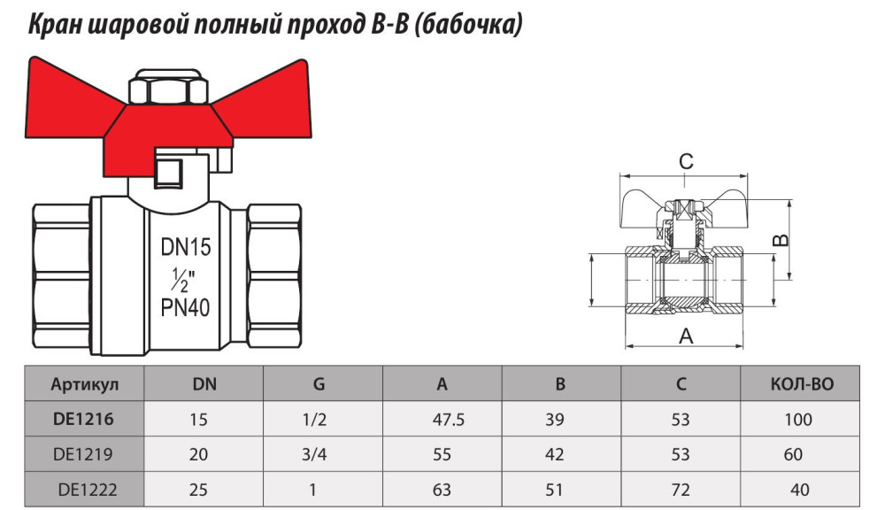 Кран шаровой  латунный "Strong" 3/4" Г-Г бабочка TIM DE1219 фото-3