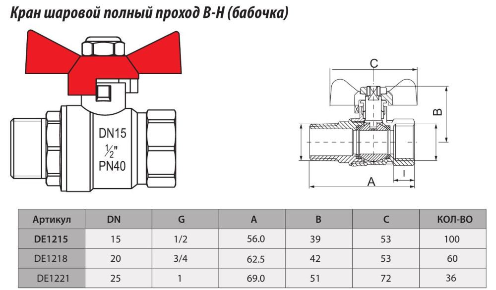 Кран шаровой  латунный "Strong" 3/4" Г-Ш бабочка TIM DE1218 фото-3