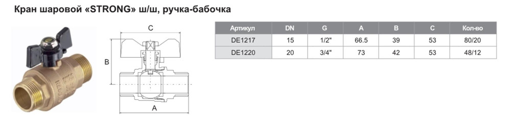Кран шаровой латунный "Strong" 3/4" Ш-Ш бабочка TIM DE1220 - фото2 Кран шаровой латунный "Strong" 3/4" Ш-Ш бабочка TIM DE1220 - фото2