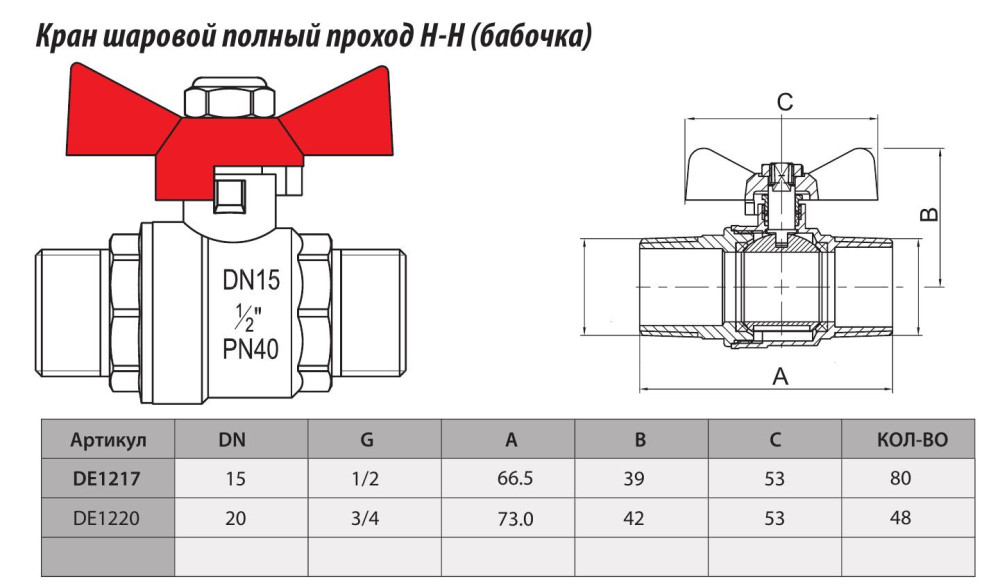 Кран шаровой  латунный "Strong" 3/4" Ш-Ш бабочка TIM DE1220 фото-3