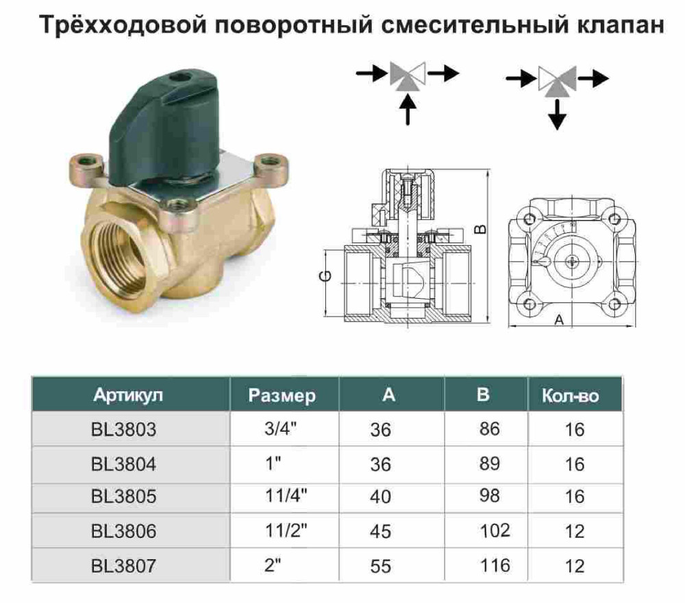 Трёхходовой поворотный смесительный клапан TIM BL3803 (3/4",DN20) - фото2