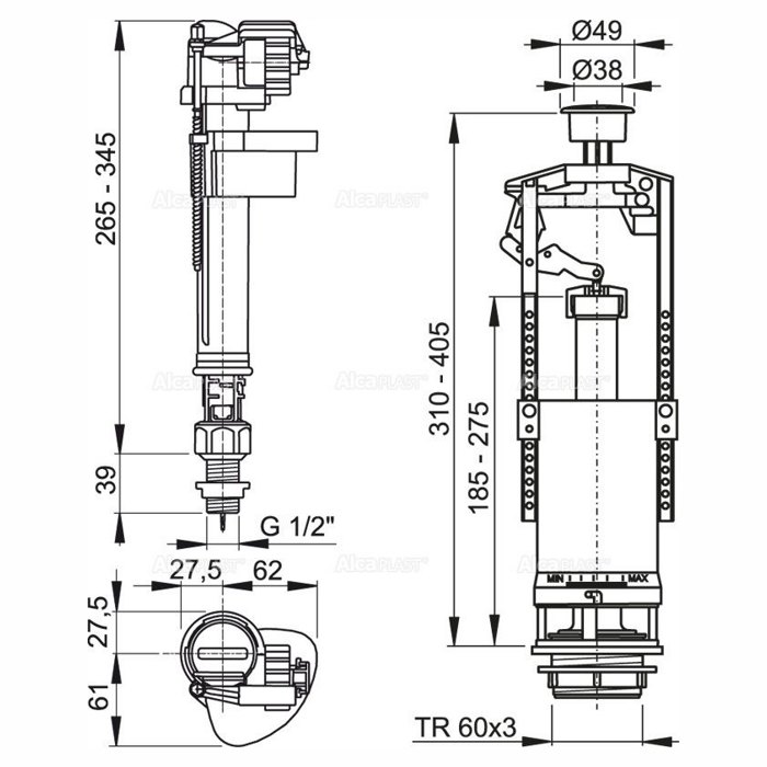 Комплект арматуры для унитаза AlcaPlast SA2000 SK 1/2" (выпуск стоп-кнопка, впуск нижний 1/2" металл) (SA2000S 1/2" CHROM-BL-01) - фото2